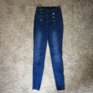 Super Cute Dark Wash Blue High Waist Rise Skinny Button Up Jeans
